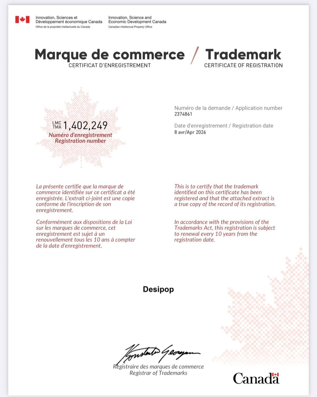 DesiPop® — officially registered across Canada.